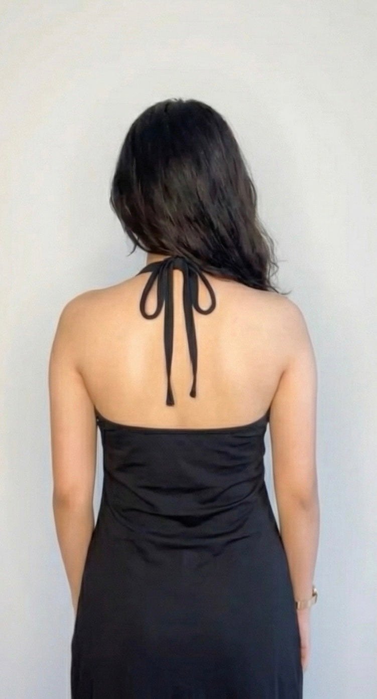 Skyla Slit Midi Dress – Black Elegance with a Bold Edge