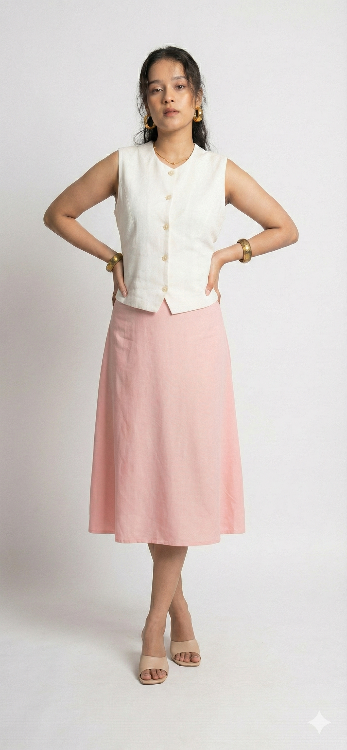 White Sleeveless Button Top & Pink Bow Skirt