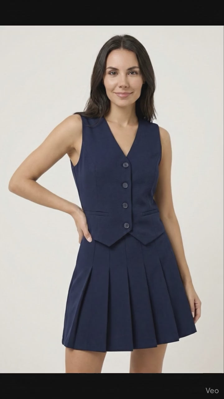 Women’s Sleeveless Buttoned Jacket & Pleated Mini Skirt Set – Navy